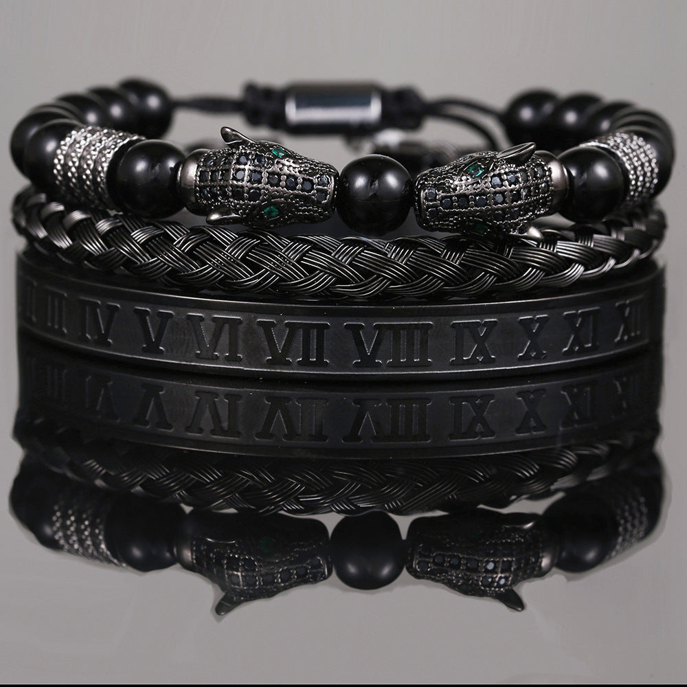 Wholesale Copper Micro-inlaid Zircon Double Leopard Head Black Onyx Woven Bracelet